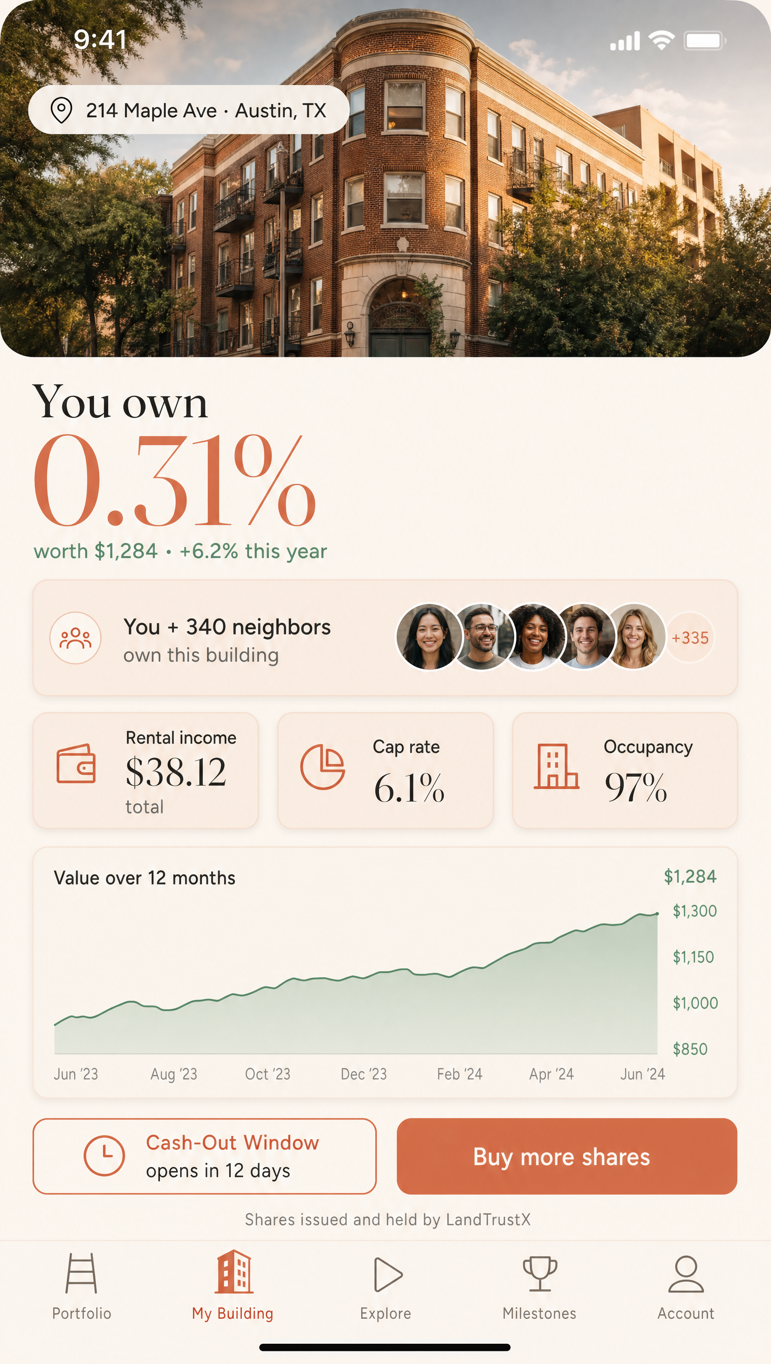 Property detail screen — you and 340 neighbors own this building