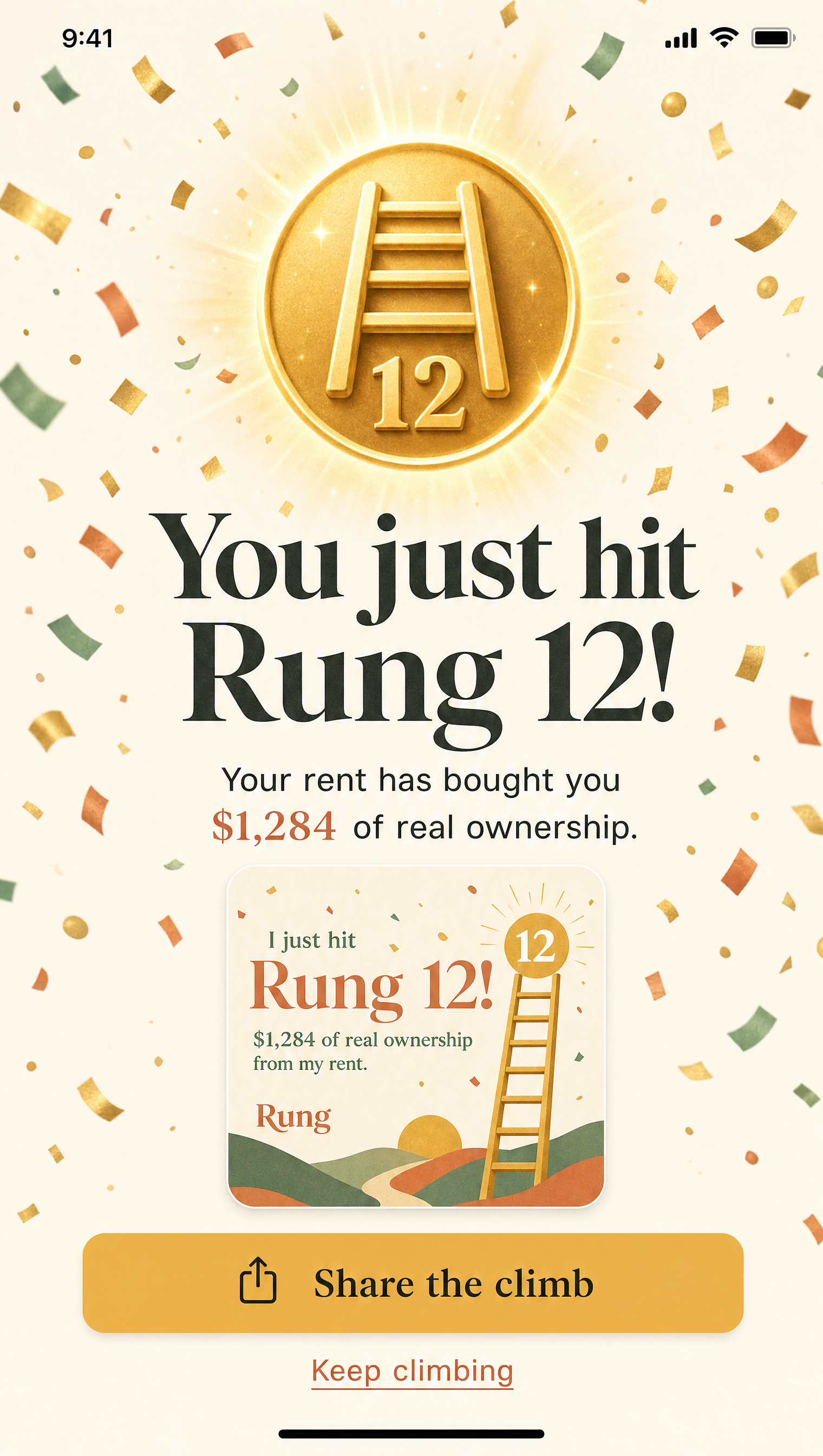 Milestone celebration screen — You just hit Rung 12